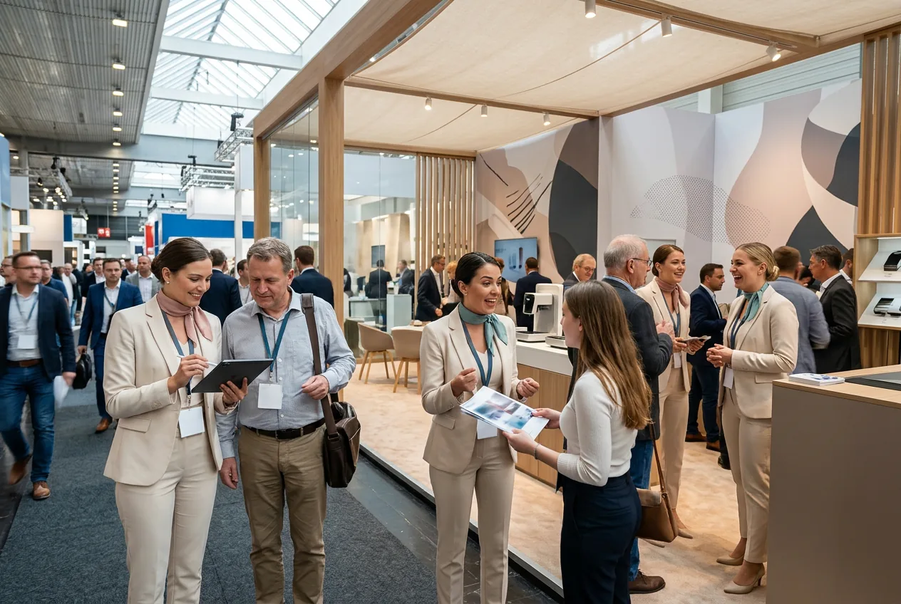 Hostess e staff impegnati nella gestione di uno stand fieristico con visitatori